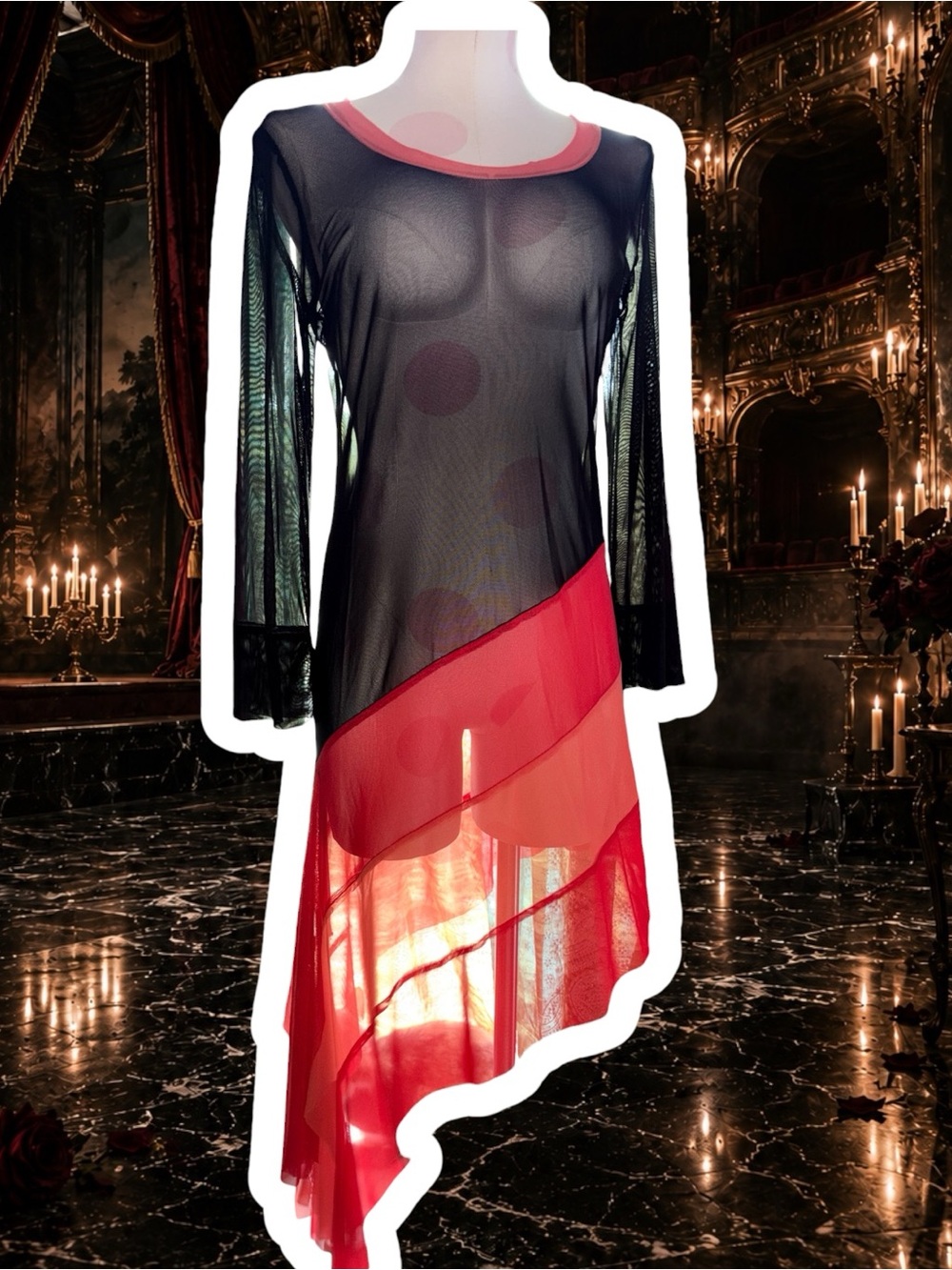 Dorin Frankfurt Studio Vintage Sheer Black & Red Asymmetrical Mesh Tunic / Dress